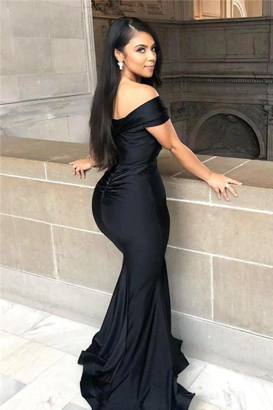 Black Off-the-shoulder Floor-length Backless Mermaid Prom Dress