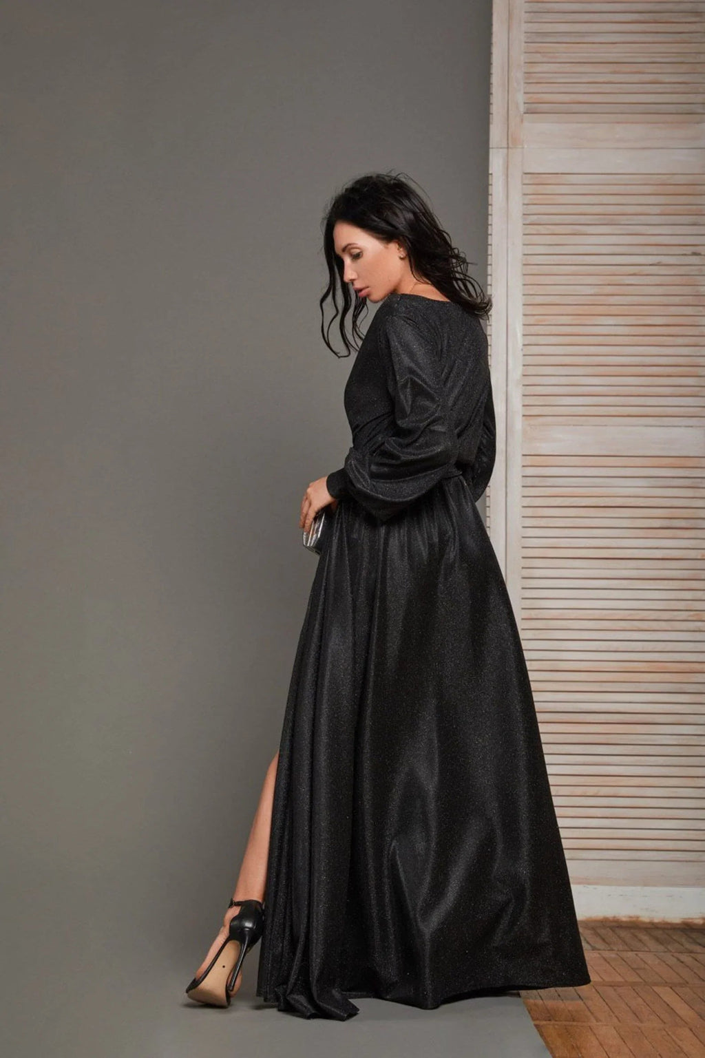 Vestidos de fiesta con mangas abullonadas brillantes para mujer, largos con abertura, vestido formal de noche SYP01