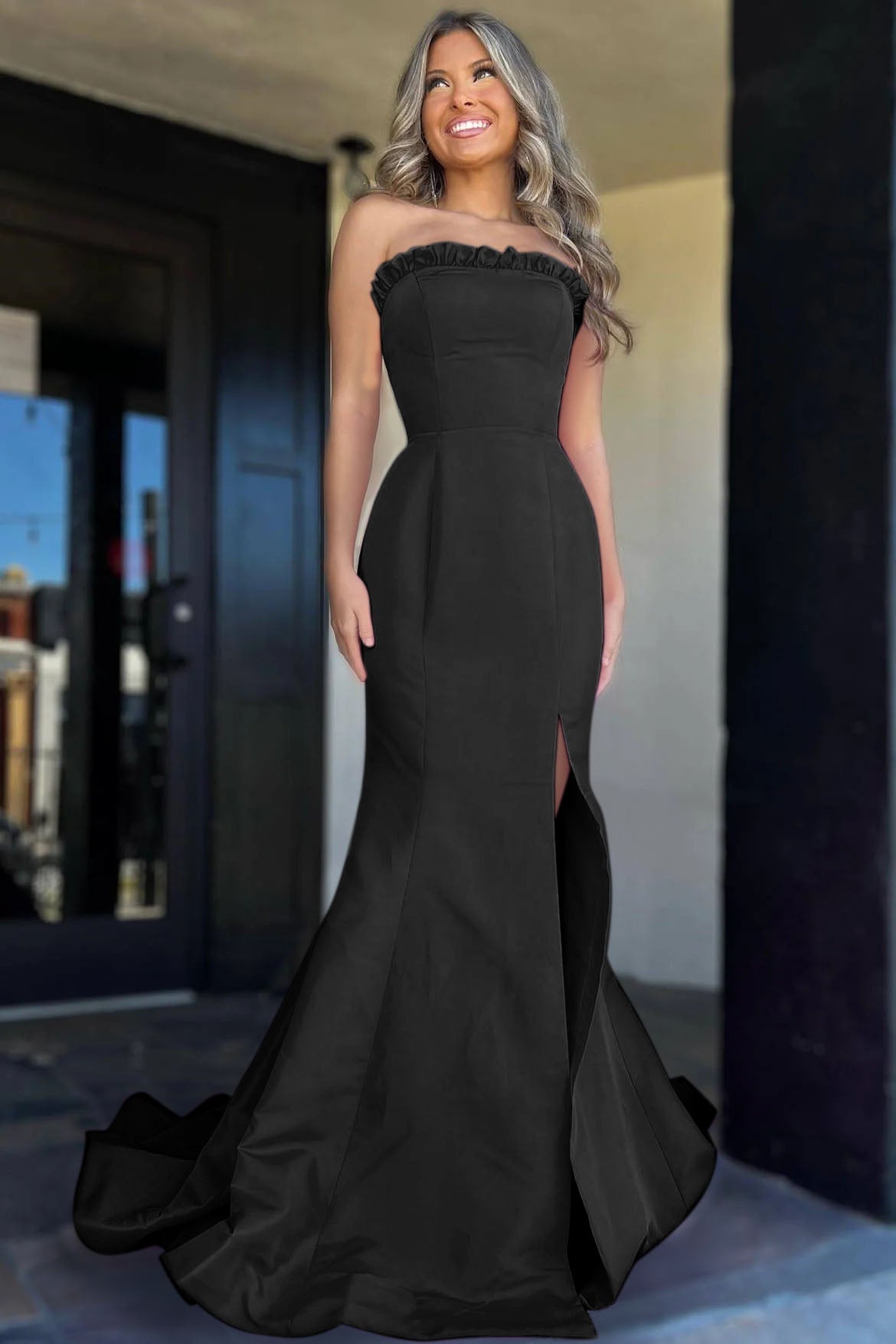 Strapless Maganta Ruffle Mermaid Slit Long Prom Dress
