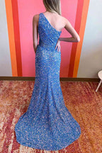 Two Piece Sequined One Shoulder Long Party Dress with Tassel
