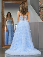 Himmelblaues langes A-Linien-Ballkleid aus Tüll mit Stufenpailletten