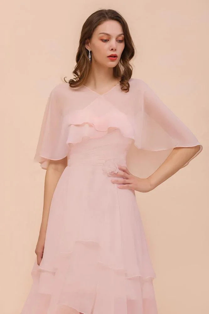 Blushing Pink Bridesmaid Dress Knee Length Simple Chiffon Girls Party Dress with Wraps