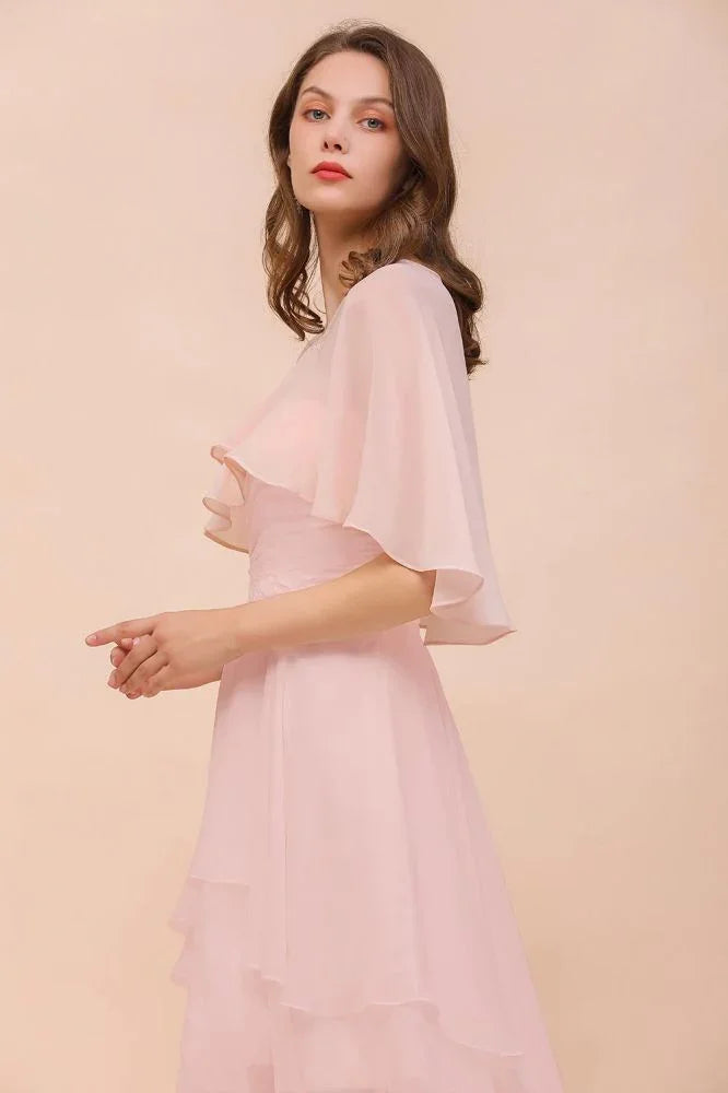 Blushing Pink Bridesmaid Dress Knee Length Simple Chiffon Girls Party Dress with Wraps