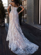 Boho Elegant Wedding Dresses Mermaid Off The Shoulder Customized Lace Short Sleeve Floor Length Bridal Gown With Sweep T