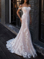 Boho Elegant Wedding Dresses Mermaid Off The Shoulder Customized Lace Short Sleeve Floor Length Bridal Gown With Sweep T