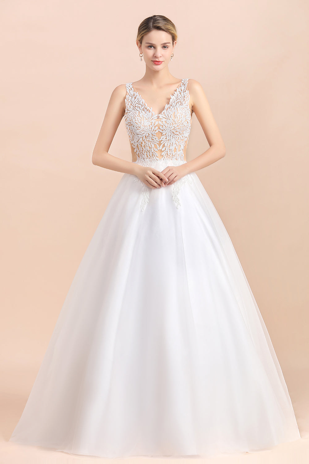 Boho Long A-line V-Neck Straps Tulle Appliques Lace Wedding Dress
