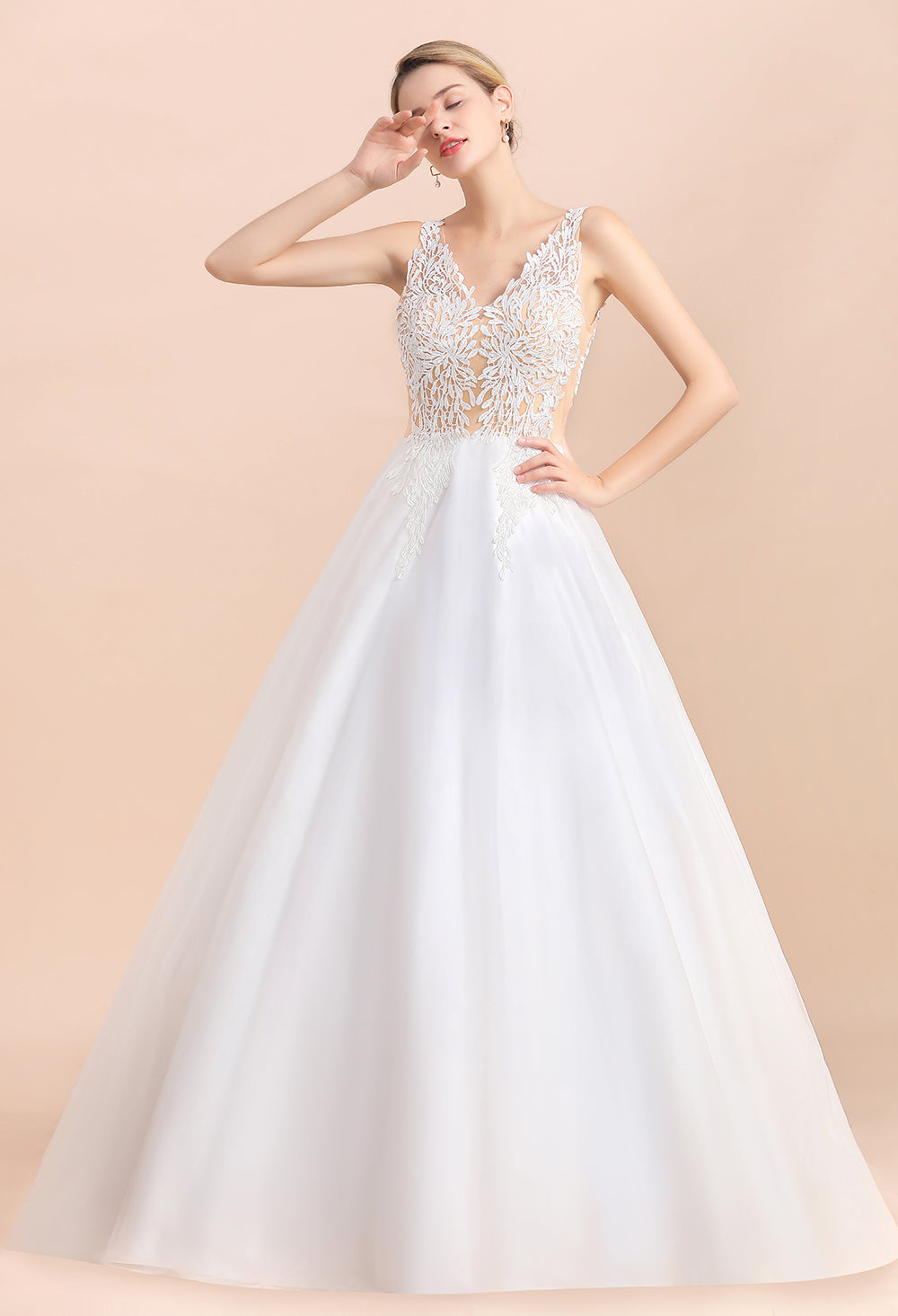 Boho Long A-line V-Neck Straps Tulle Appliques Lace Wedding Dress