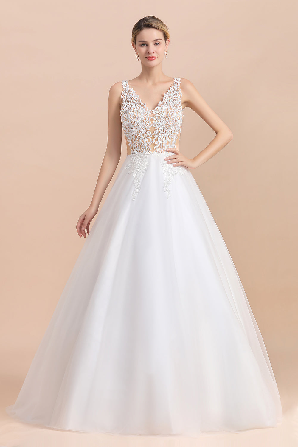 Boho Long A-line V-Neck Straps Tulle Appliques Lace Wedding Dress