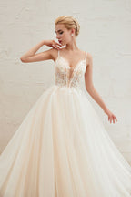 Boho Spaghetti Straps Ivory Ball Gown Tulle Aline Wedding Dress