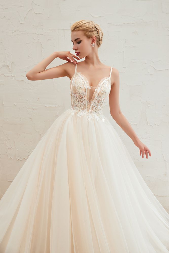 Boho Spaghetti Straps Ivory Ball Gown Tulle Aline Wedding Dress