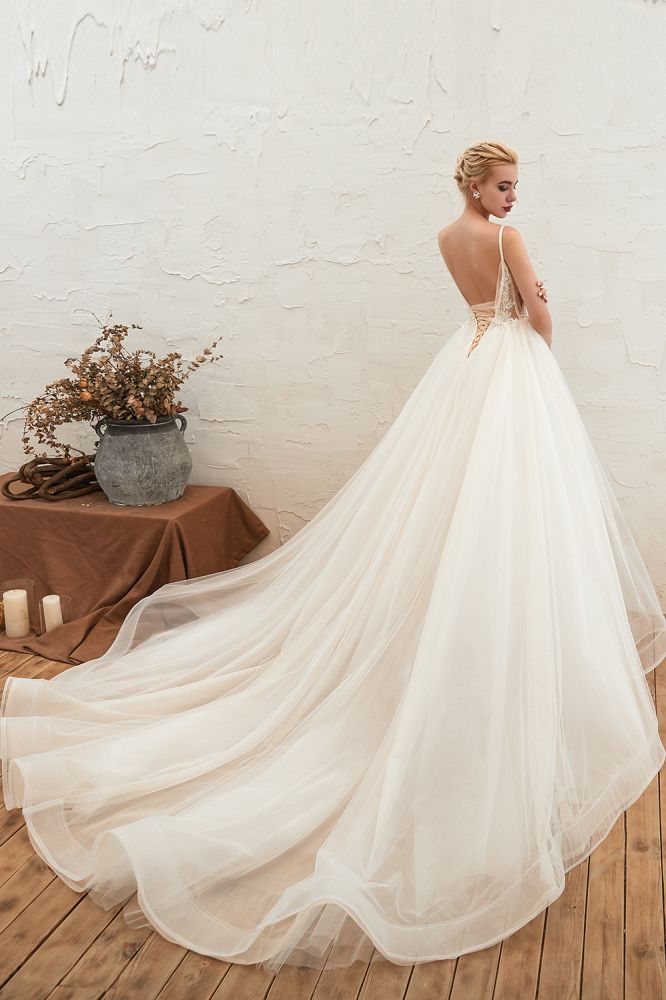 Boho Spaghetti Straps Ivory Ball Gown Tulle Aline Wedding Dress