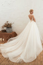 Boho Spaghetti Straps Ivory Ball Gown Tulle Aline Wedding Dress