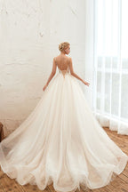 Boho Spaghetti Straps Ivory Ball Gown Tulle Aline Wedding Dress