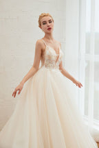 Boho Spaghetti Straps Ivory Ball Gown Tulle Aline Wedding Dress