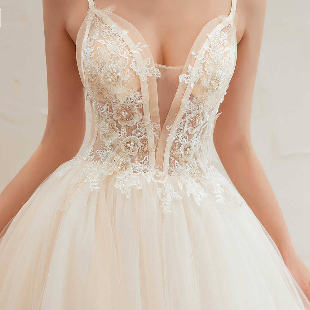 Boho Spaghetti Straps Ivory Ball Gown Tulle Aline Wedding Dress