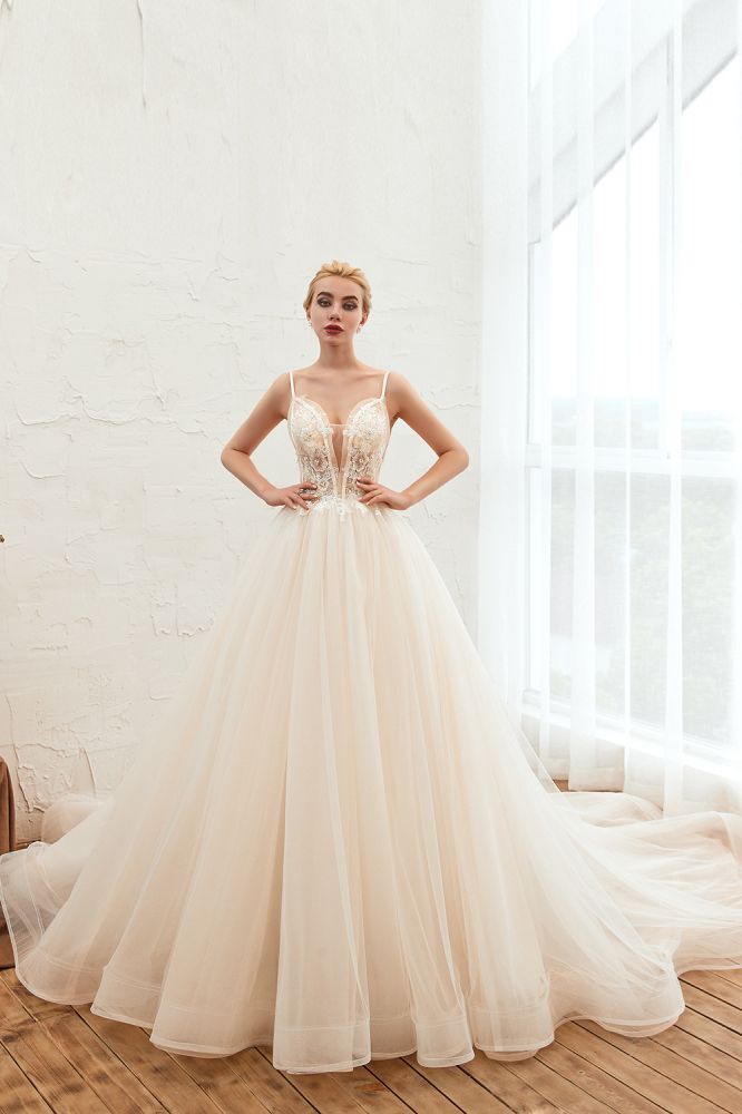 Boho Spaghetti Straps Ivory Ball Gown Tulle Aline Wedding Dress