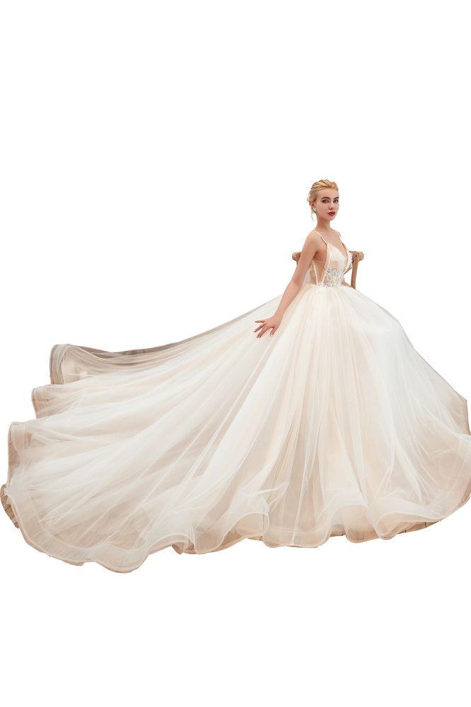 Boho Spaghetti Straps Ivory Ball Gown Tulle Aline Wedding Dress