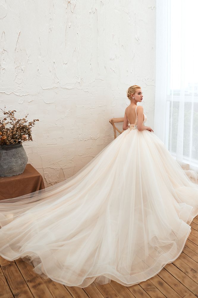 Boho Spaghetti Straps Ivory Ball Gown Tulle Aline Wedding Dress