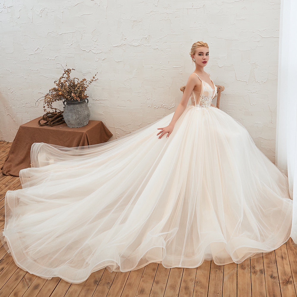 Boho Spaghetti Straps Ivory Ball Gown Tulle Aline Wedding Dress
