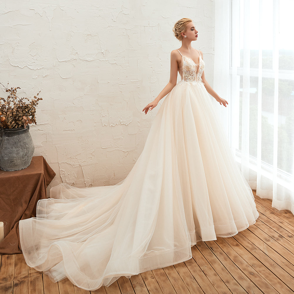 Boho Spaghetti Straps Ivory Ball Gown Tulle Aline Wedding Dress