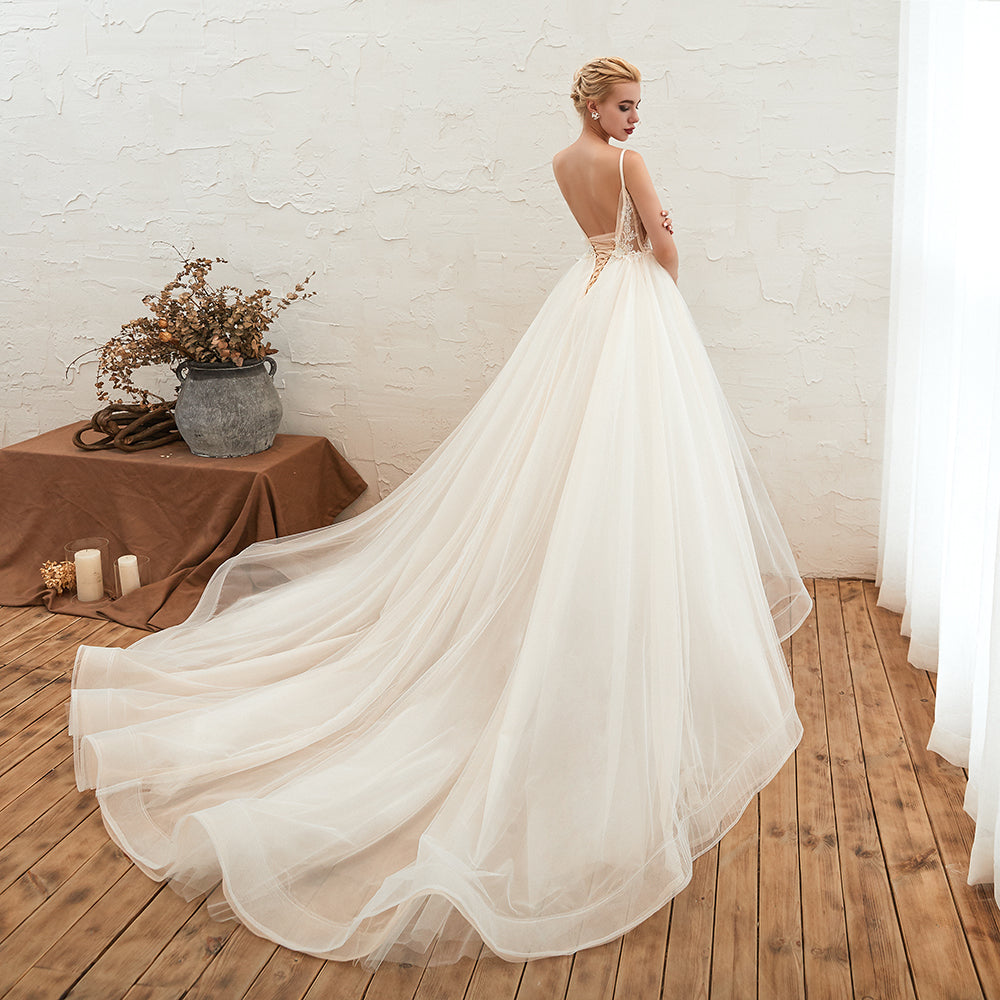 Boho Spaghetti Straps Ivory Ball Gown Tulle Aline Wedding Dress