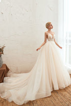 Boho Spaghetti Straps Ivory Ball Gown Tulle Aline Wedding Dress