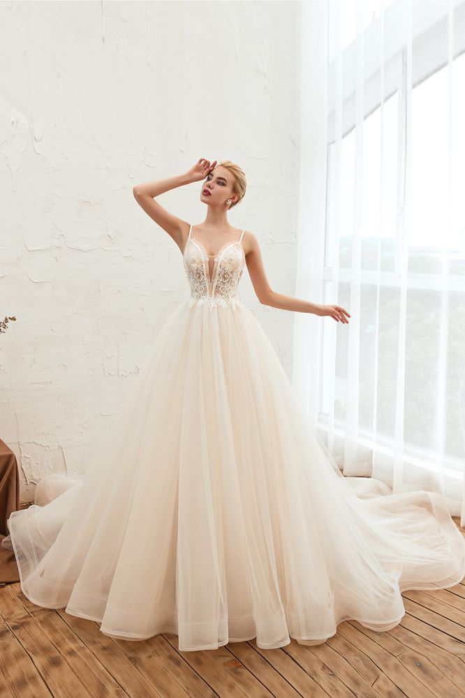 Boho Spaghetti Straps Ivory Ball Gown Tulle Aline Wedding Dress
