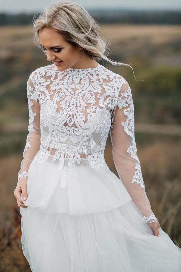 Boho Wedding Dress V Back Bridal Lace Gown Separates Wedding Dress