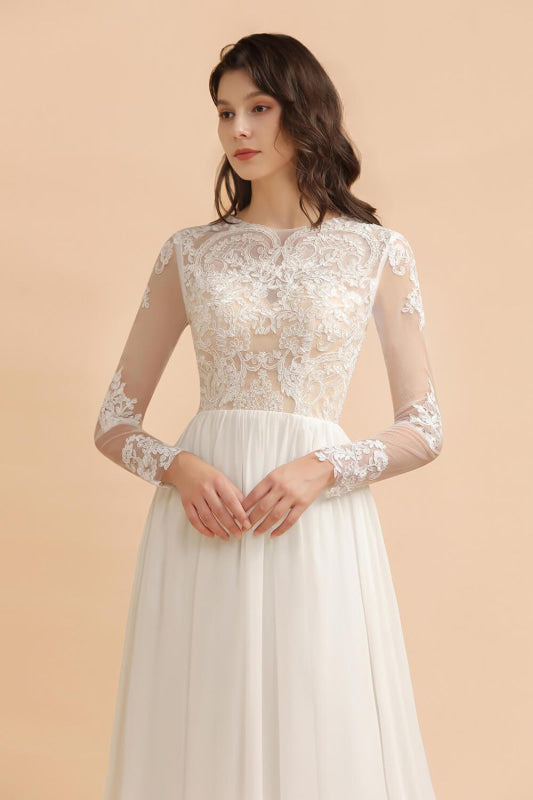 BMBRIDAL Long Sleeve Lace Boho Floor Length Wedding Dress