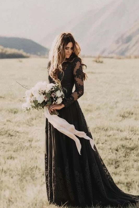 BMBRIDAL Long Sleeve Lace Boho Floor Length Wedding Dress