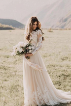BMBRIDAL Long Sleeve Lace Boho Floor Length Wedding Dress