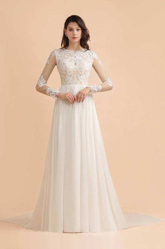 BMBRIDAL Long Sleeve Lace Boho Floor Length Wedding Dress