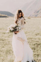 BMBRIDAL Long Sleeve Lace Boho Floor Length Wedding Dress