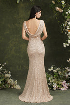 Brilliant Scoop Neck Sequins Backless Mermaid Bridesmaid/Prom Dress With Side Slit
