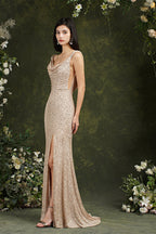 Brilliant Scoop Neck Sequins Backless Mermaid Bridesmaid/Prom Dress With Side Slit
