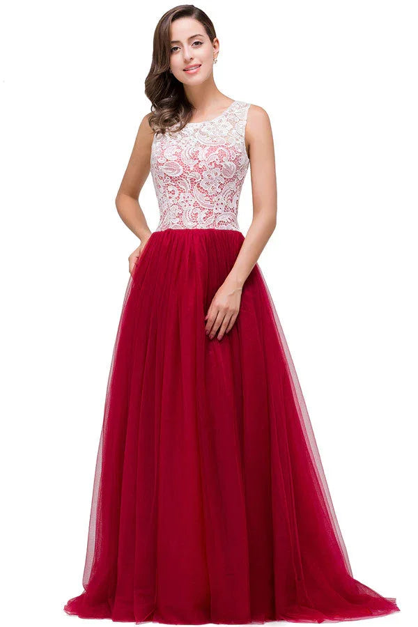 Burgundy A-line Crew Lace Chiffon Bridesmaid Dresses