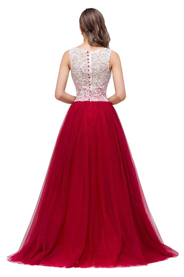 Burgundy A-line Crew Lace Chiffon Bridesmaid Dresses