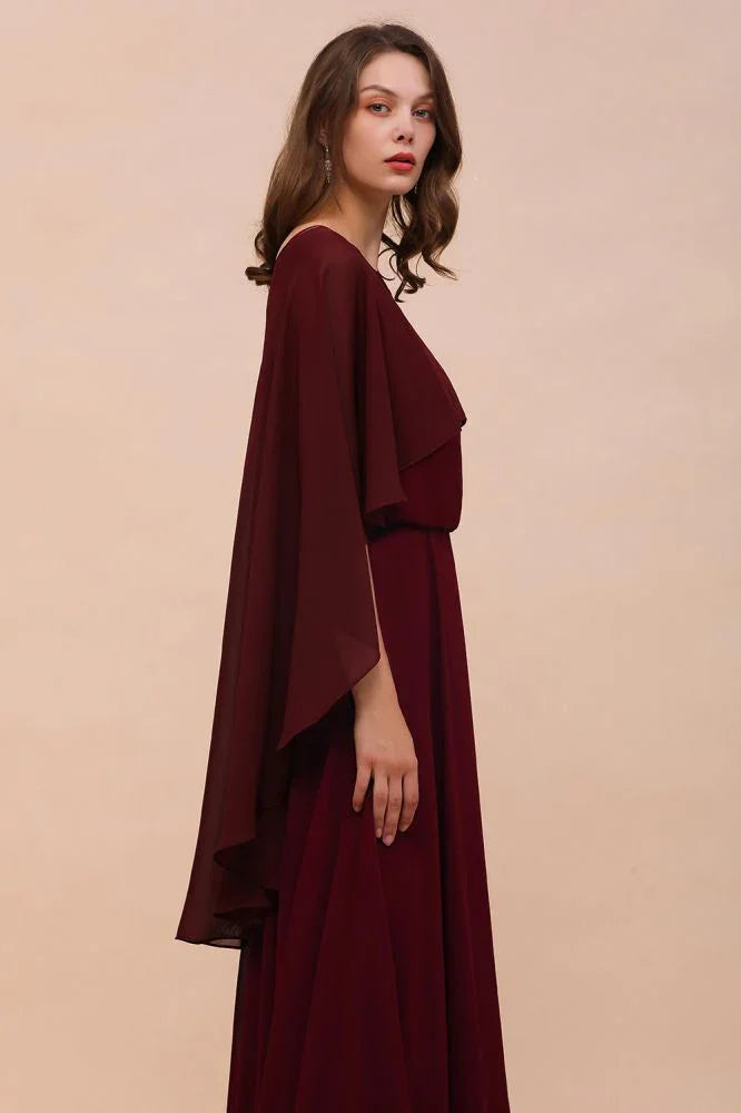 Burgundy Bridesmaid Dresses Spaghetti Straps Chiffon Floor Length Wedding Guest Dress with Back Cape Wraps