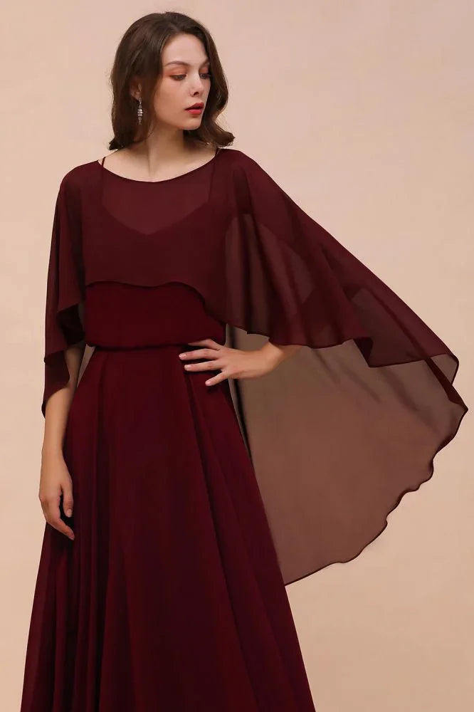 Burgundy Bridesmaid Dresses Spaghetti Straps Chiffon Floor Length Wedding Guest Dress with Back Cape Wraps