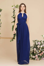 Burgundy Halter A-line Floor Length Bridesmaid Dresses with Bow Sash