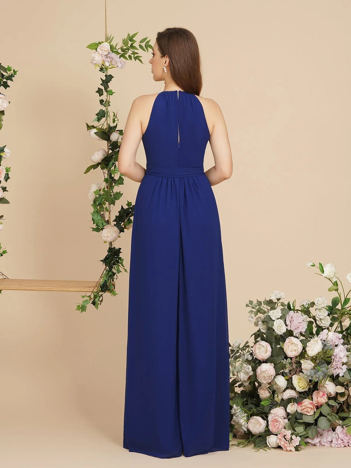 Burgundy Halter A-line Floor Length Bridesmaid Dresses with Bow Sash
