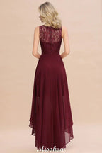 Burgundy Hi-Lo Evening Party Dress Sleeveless Lace Bridesmaid Dress