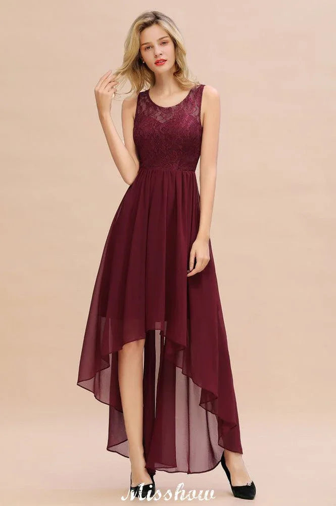 Burgundy Hi-Lo Evening Party Dress Sleeveless Lace Bridesmaid Dress