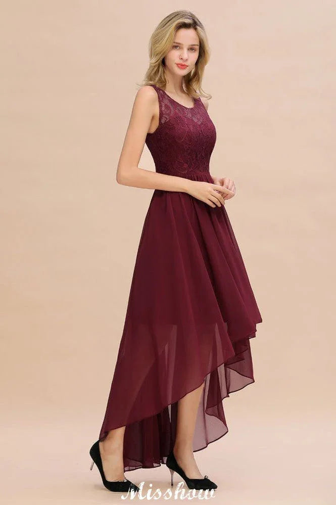 Burgundy Hi-Lo Evening Party Dress Sleeveless Lace Bridesmaid Dress