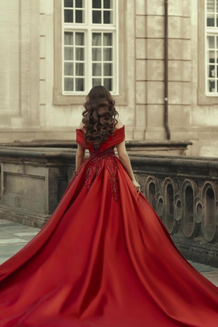 Burgundy Off-the-shoulder A-Line Satin Wedding Dresses Bridal Gowns With Lace