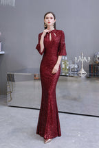 Burgundy Short Sleeve Sequins Long Prom Dress