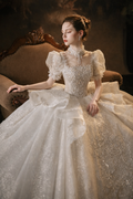 Luxury Puff Sleeve Ball Gown Wedding Dress with Corset Back & Beaded Lace