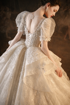 Luxury Puff Sleeve Ball Gown Wedding Dress with Corset Back & Beaded Lace