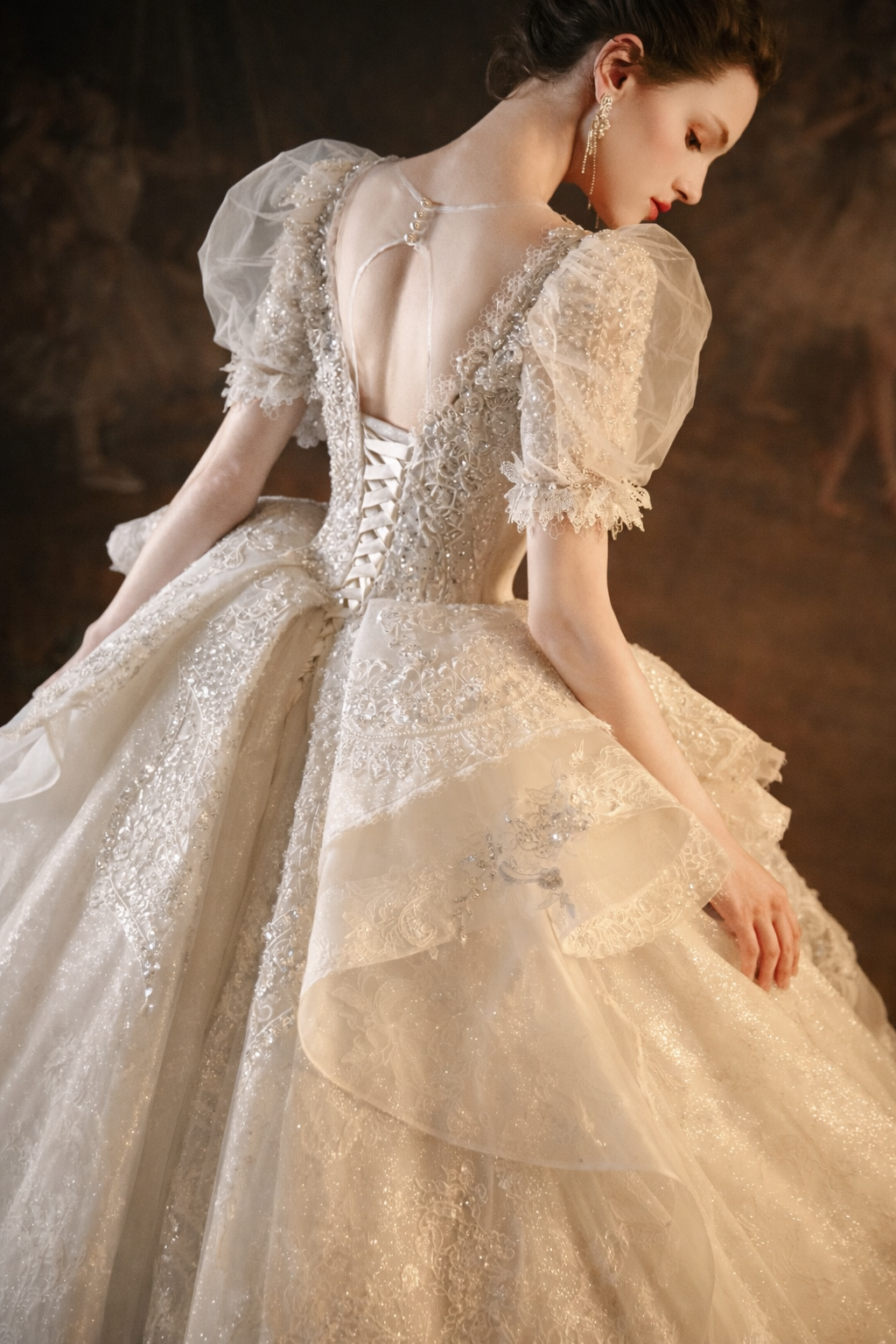 Luxury Puff Sleeve Ball Gown Wedding Dress with Corset Back & Beaded Lace