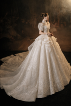 Luxury Puff Sleeve Ball Gown Wedding Dress with Corset Back & Beaded Lace